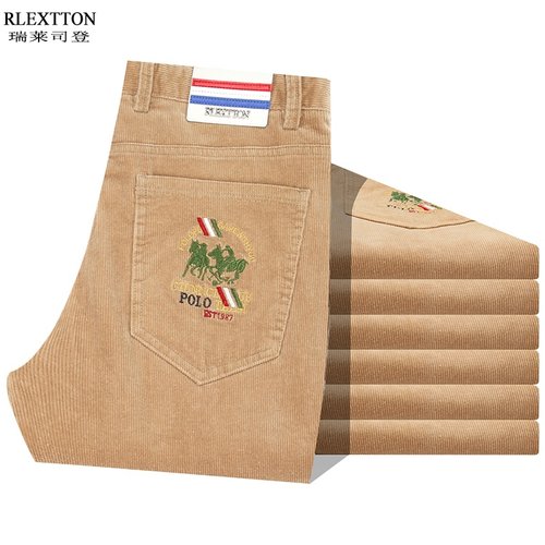 高档灯芯绒保罗刺绣卡其色休闲裤