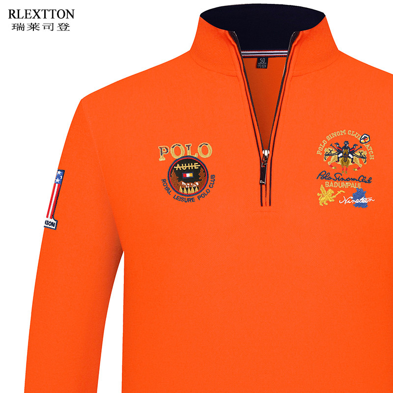 立领长袖T恤男装半拉链POLO衫纯棉半高领男橙色上衣T体恤秋冬季潮