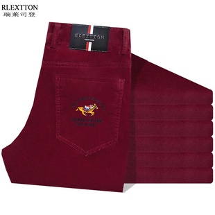 高档灯芯绒男裤子宽松条绒裤中腰直筒长裤酒红色商务休闲裤秋冬潮