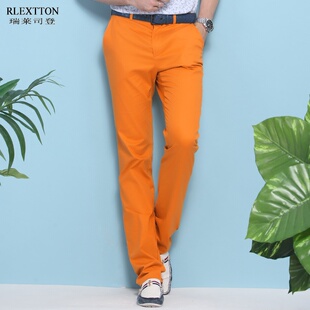 高档纯棉男士长裤彩色裤休闲裤中腰直筒男裤子橙色潮春夏薄款彩裤