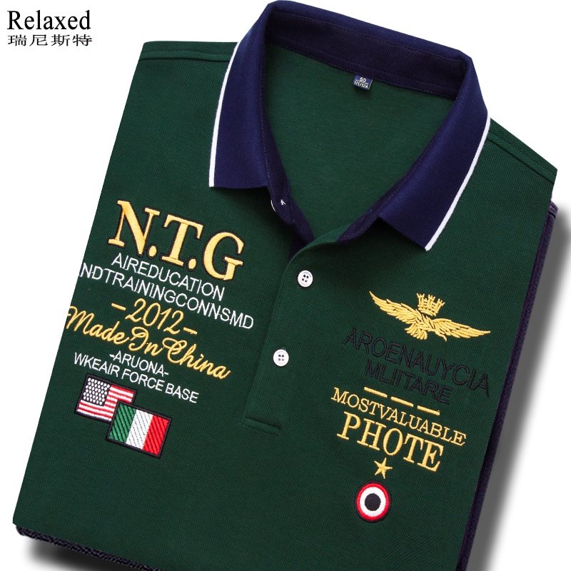 高端男装长袖T恤翻领男士POLO衫体恤刺绣有领带领T纯棉绿色春季超