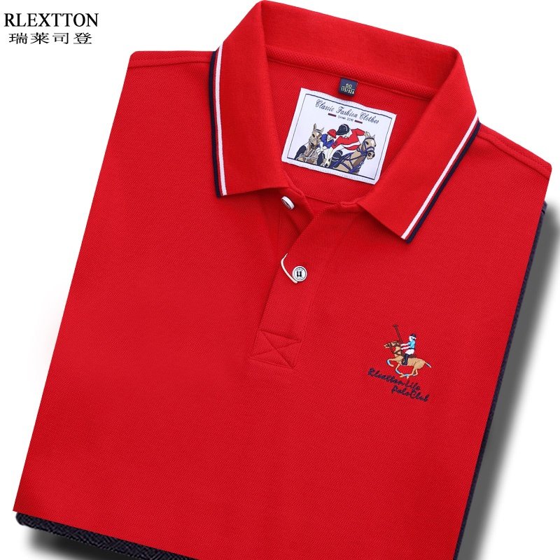 春季男装长袖T恤纯棉中年翻领POLO衫爸爸休闲本命年红色上衣带领T