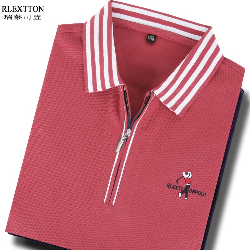 春季新款男装长袖拉链T恤男翻领POLO衫休闲有领上衣服玫红色纯棉