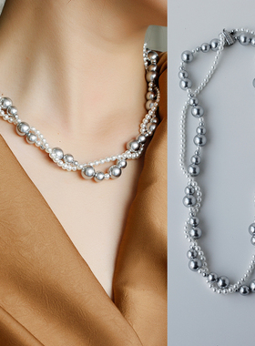 W的手创灰珍珠双层纯银锁骨链
