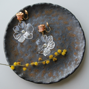 水晶透明花朵粉玫瑰耳饰无痛感蚊香盘耳夹氛围感仙气耳钉小众设计