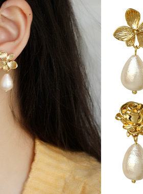 原创油画质感棉花水滴珍珠蚊香盘耳夹法式复古温柔无耳洞显瘦耳饰