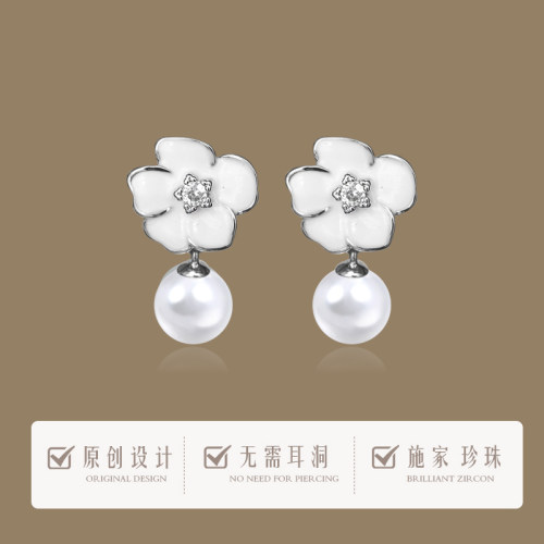 无耳洞仙气珐琅白花朵珍珠耳夹