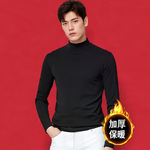 高级感4CM半高领打底衫男长袖簿款高弹力内搭T恤男纯黑色中领上衣