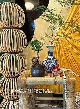 新中式竹编灯笼圆形竹木立柱灯笼订婚周岁宴庆氛围布置道具竹灯笼