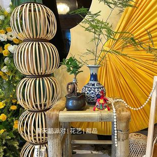 新中式 竹编灯笼圆形竹木立柱灯笼订婚周岁宴庆氛围布置道具竹灯笼