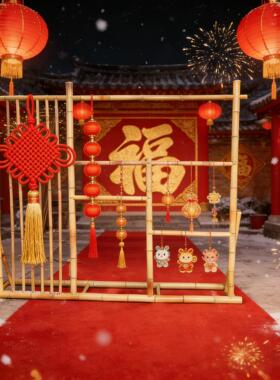 新年中式竹子灯笼架美陈布置