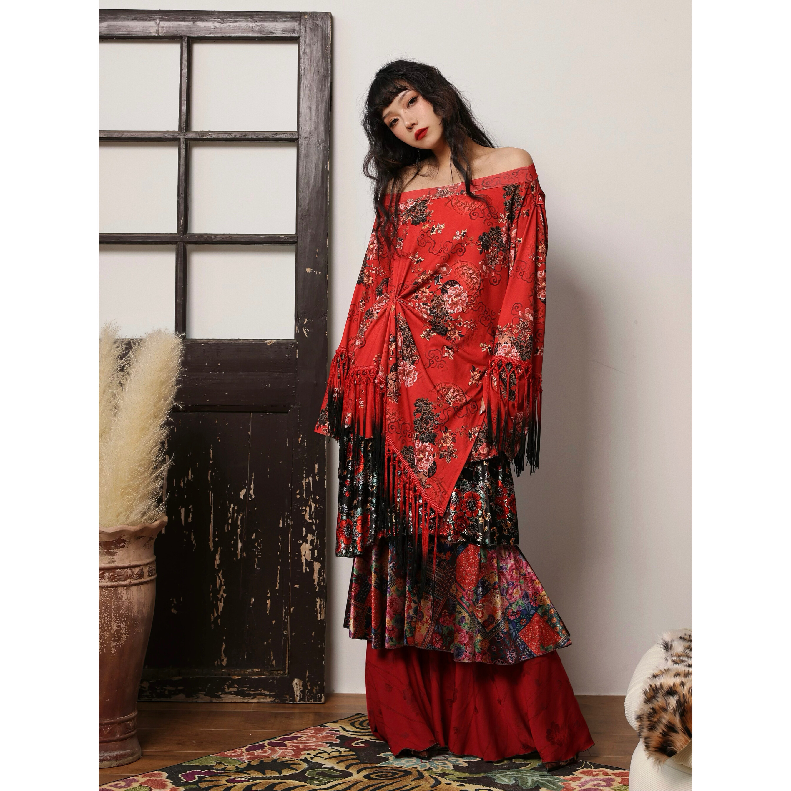 畔喜鱼一冬日古着红印花流苏上衣连衣裙新中式复古国风内搭裙