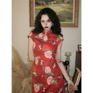 畔喜鱼一相思悸新中式国风复古气质旗袍连衣裙夏长裙红色蕾丝旗袍