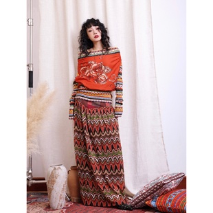 畔喜鱼一 复古格子撞色拼接半身裙长裙女秋冬大摆条纹长裙子