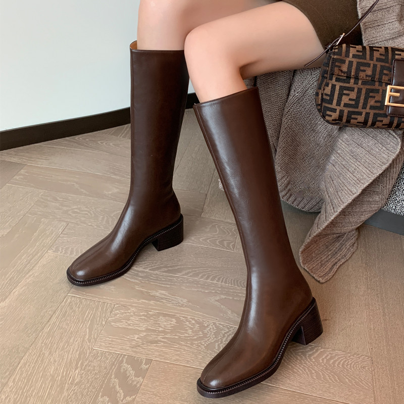 真皮粗跟显瘦方头高筒骑士靴长靴