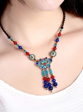 中国风复古景泰蓝锁骨链女项链短款宫廷民族风颈链百搭手工项链