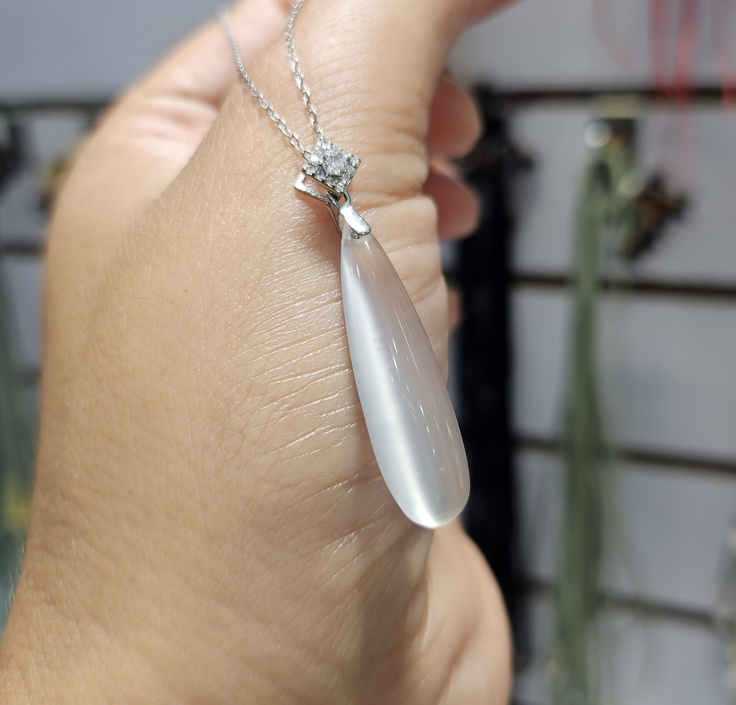 【桃花雨】天然正品高冰白玉髓水滴吊坠 925银项链锁骨链简约款