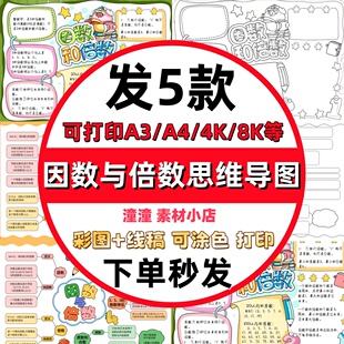 因数与倍数思维导图手抄报模板小学生数学五年级下册第二单元线稿