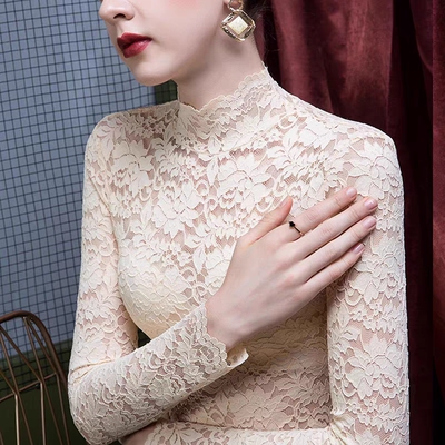 新款爆款女装气质半高领透明蕾丝打底衫性感网纱花边镂空秋季女装