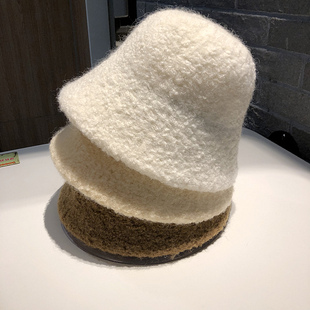 盆帽女秋冬保暖厚实羊毛呢渔夫帽纯色百搭街头韩版 简约休闲水桶帽