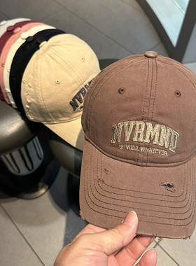 NV字母水洗棉破洞棒球帽女韩版春夏季显脸小软顶弯檐帽子男街头潮