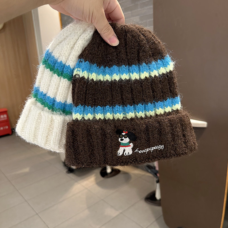 秋冬毛线帽女时尚韩版ins潮搭条纹针织帽字母小狗刺绣保暖套头帽