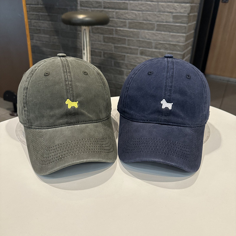 简约小狗刺绣青年情侣百搭韩版做旧棒球帽街头男女学生弯檐鸭舌帽