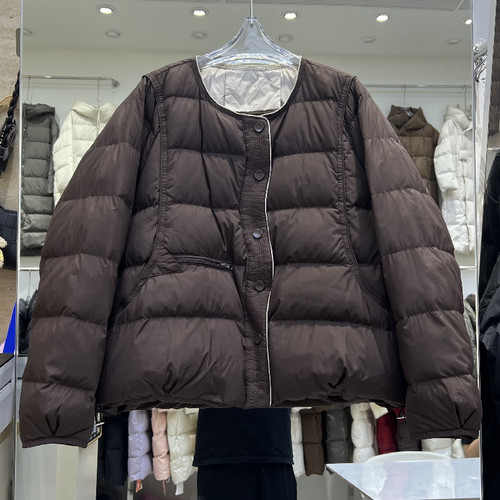 无领羽绒服女短款白鸭绒宽松