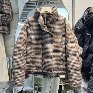 2025冬新款时尚格子立领羽绒服女短款宽松显瘦白鸭绒小个子外套潮