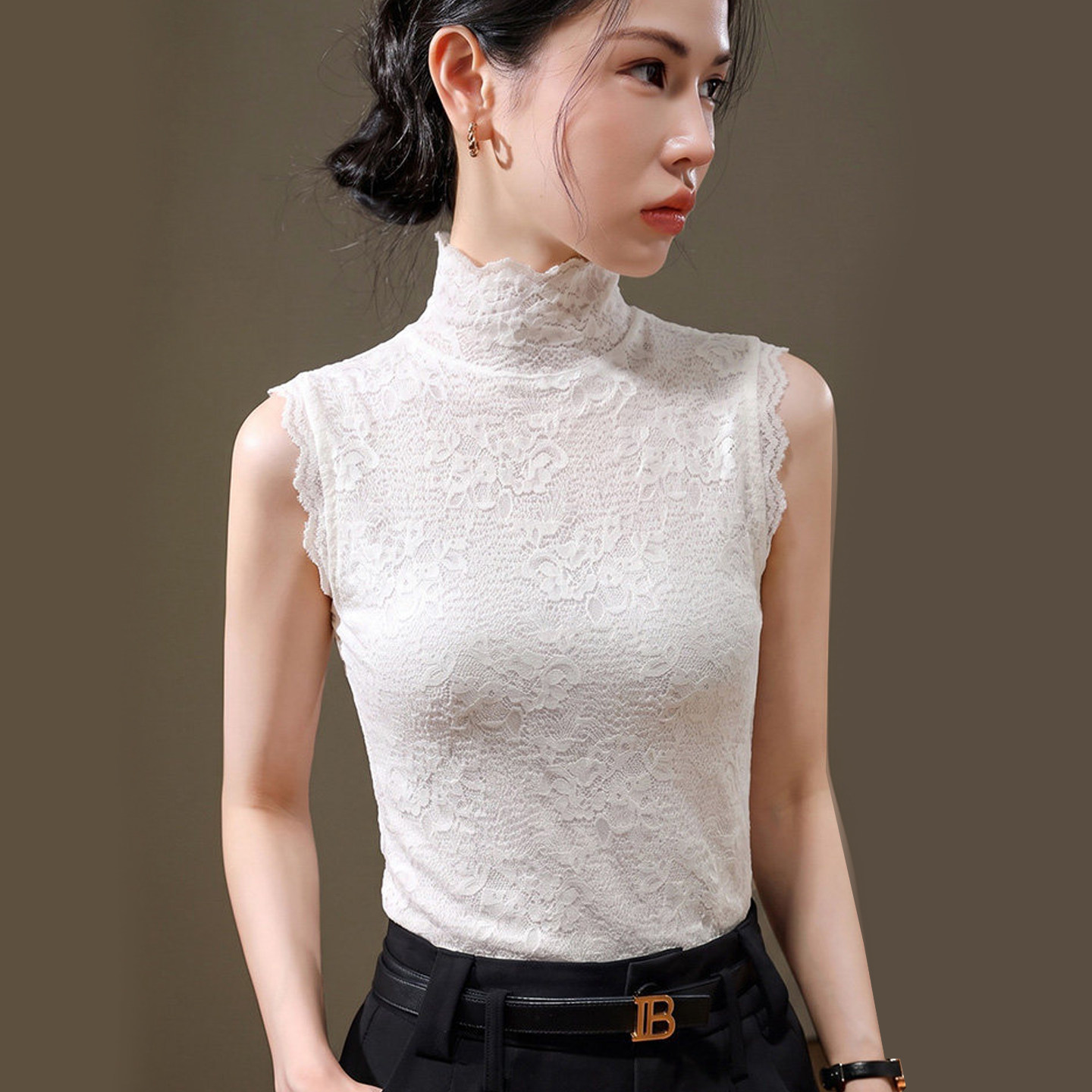 高领蕾丝打底衫女秋无袖坎肩背心