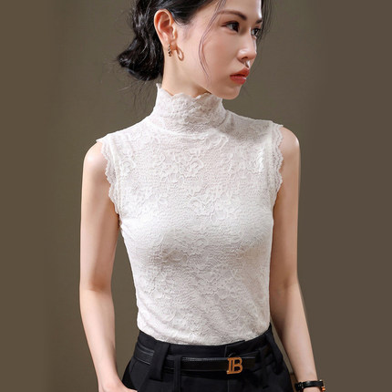 2026新款高领无袖蕾丝背心女秋装白色修身打底衫内搭洋气坎肩上衣