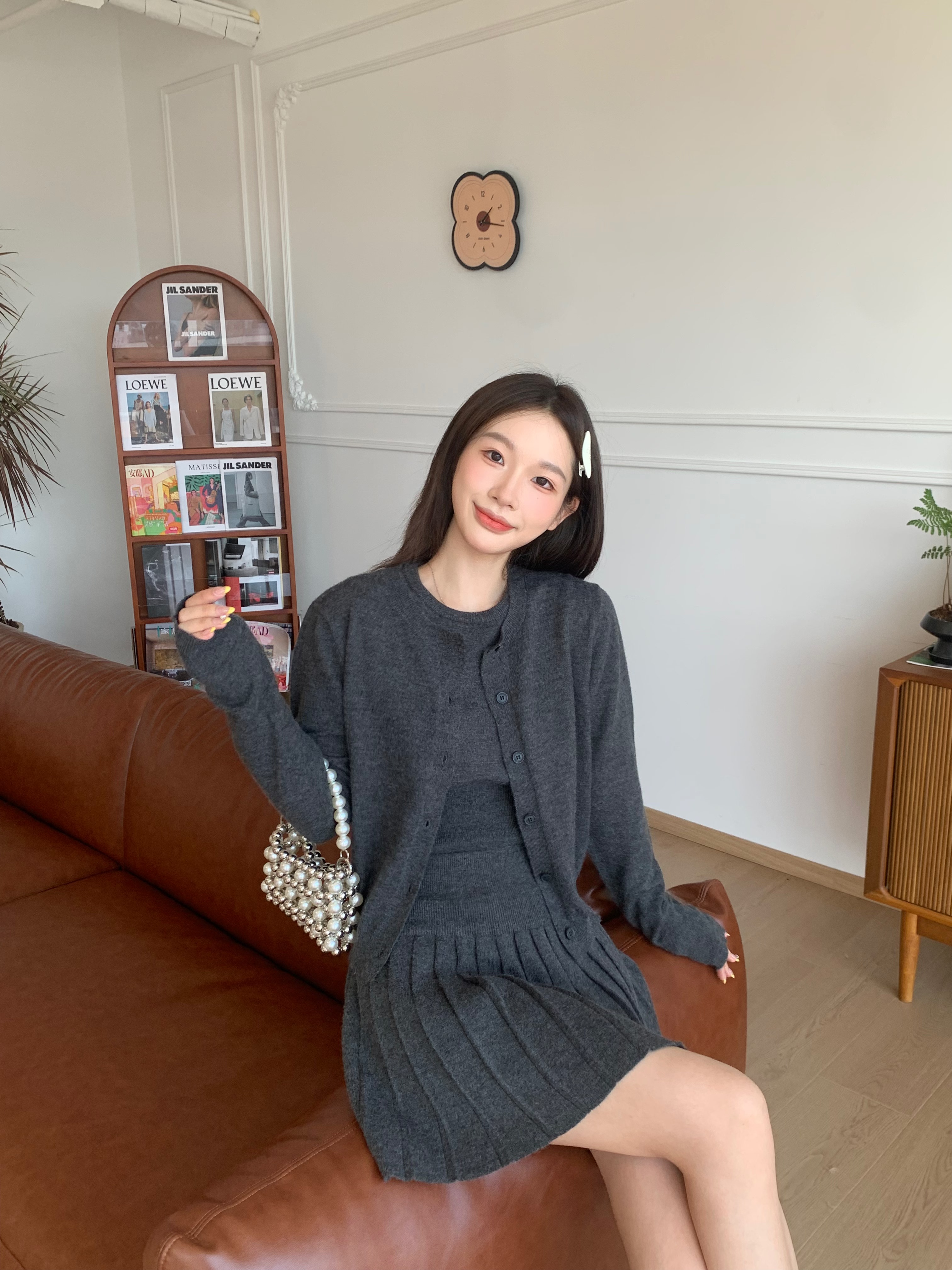 PUPPYSTORE  miu里miu气灰色针织套装开衫针织内搭打底半裙三件套