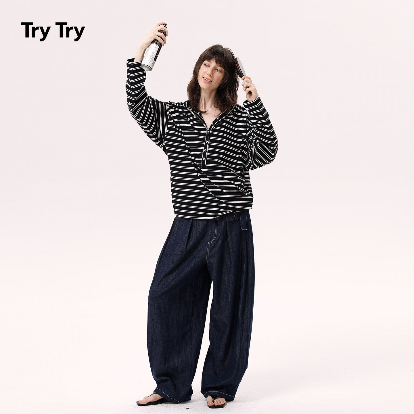 TryTry 黑白条纹亨利领系扣连帽长袖T恤卫衣女宽松百搭休闲上衣