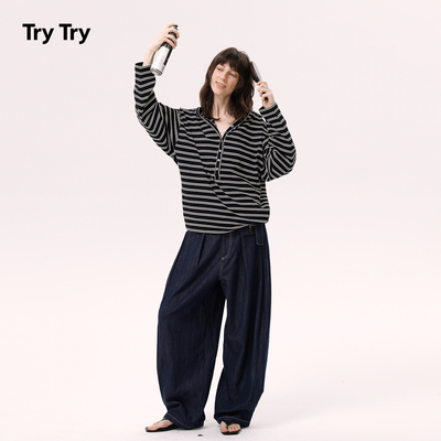 TryTry 黑白条纹亨利领系扣连帽长袖T恤卫衣女宽松百搭休闲上衣