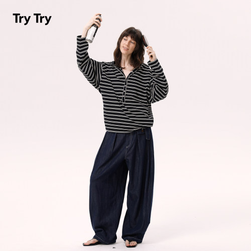 TryTry 黑白条纹亨利领系扣连帽长袖T恤卫衣女宽松百搭休闲上衣