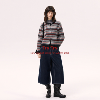 TryTry 100%绵羊毛费尔岛提花开衫女圆领复古条纹针织外套2026秋