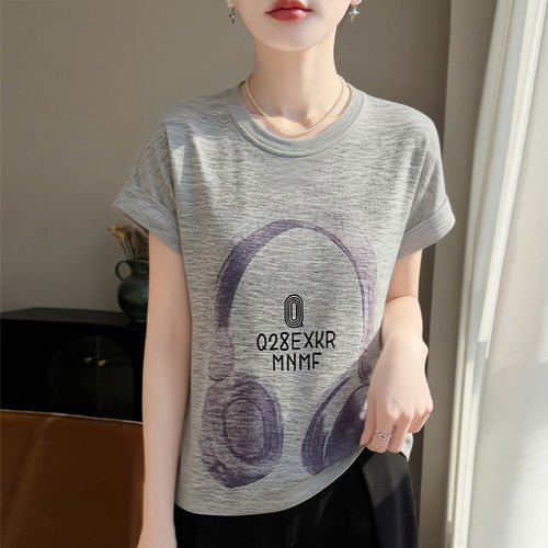 复古耳机印花短袖T恤女宽松显瘦百搭休闲上衣衫天丝夏季打底衫薄