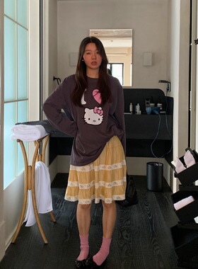 LILUSHOP气质松紧腰蕾丝拼接半身裙女2025新款时尚休闲百搭中长裙