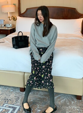 LILUSHOP 人丝碎花复古气质半身裙女2025新品时尚百搭中长款裙子