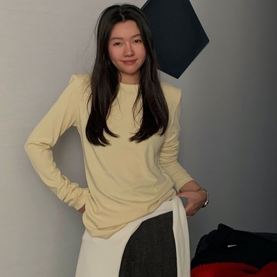 垫肩瘦版长袖圆领T恤纯色百搭