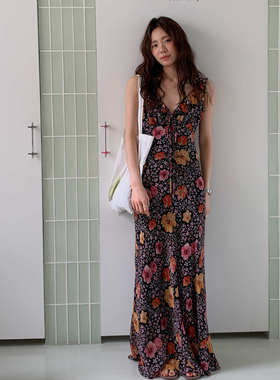 LILUSHOP 夏季时尚气质V领花朵木耳边无袖连衣裙收腰显瘦气质长裙