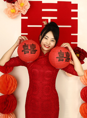 喜字灯笼结婚领证拍照道具红色喜事双囍纸灯笼中式婚礼婚房布置