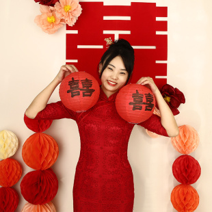 婚礼婚房布置 喜字灯笼结婚领证拍照道具红色喜事双囍纸灯笼中式