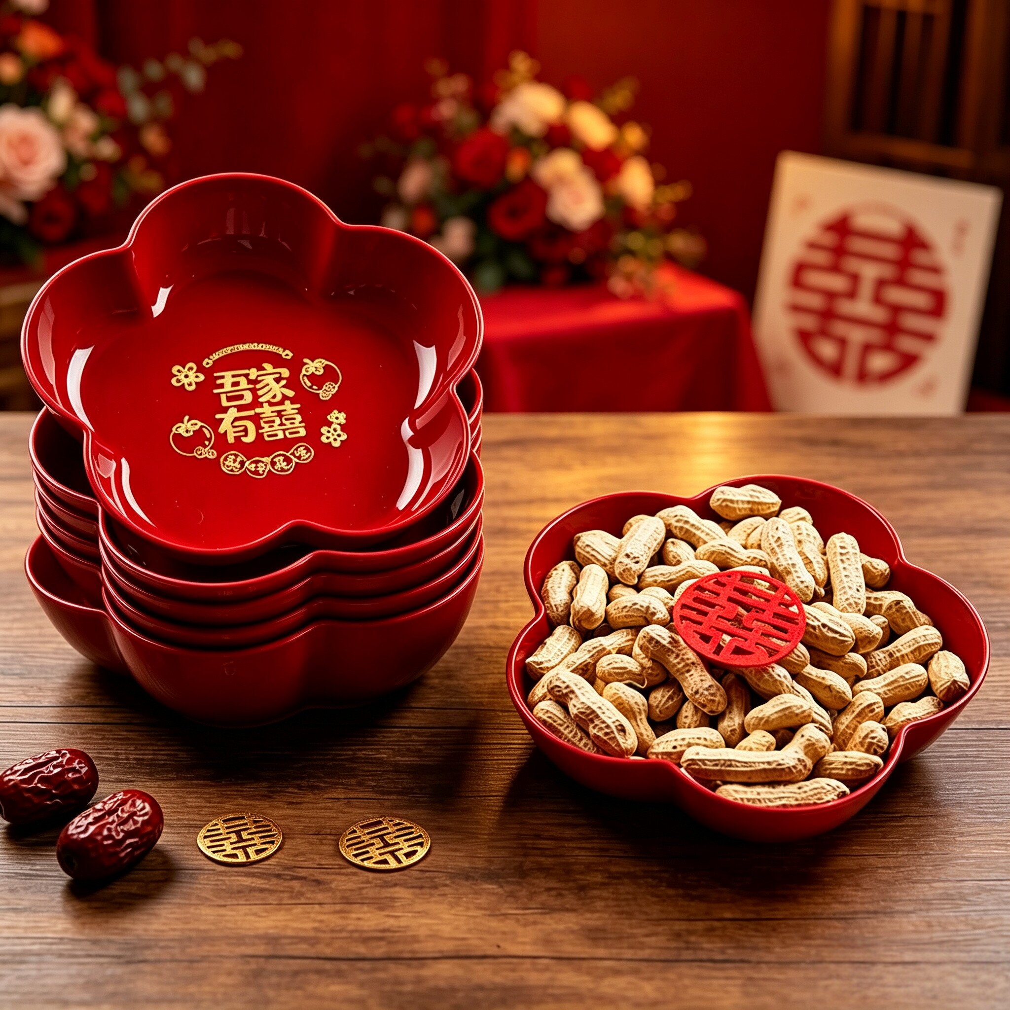 结婚果盘红色喜糖水果盘子订婚专用茶几摆件婚庆用品大全婚礼用的