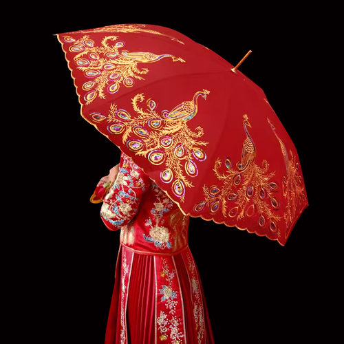 红色雨伞红伞长柄直杆蕾丝新娘陪嫁订婚喜庆婚礼婚庆结婚用品大全