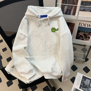 白灰色美式潮牌连帽纯棉卫衣男款春秋冬季学生加绒重磅休闲外套