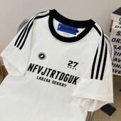 重磅纯棉美式 T恤男港风潮牌宽松百搭三条杠圆领上衣 休闲透气短袖