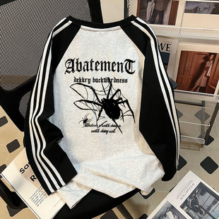 T恤男款 秋季 情侣装 时尚 上衣潮 美式 印花长袖 三条杠纯棉ins长袖