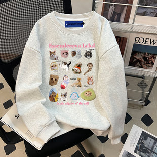 猫咪印花卫衣男款秋冬oversize港风圆领上衣加绒加厚宽松休闲长袖