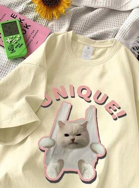 100%纯棉短袖t恤男韩版潮宽松美式复古猫猫t恤夏季班服百搭高街男